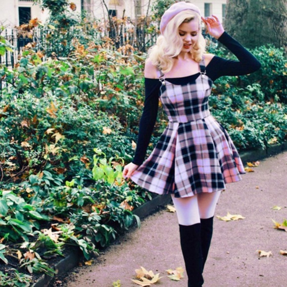 Collectif Rare Purple Plaid Rochelle Check Skater Pinafore Dress w/ Pockets UK 6 - Picture 13 of 14